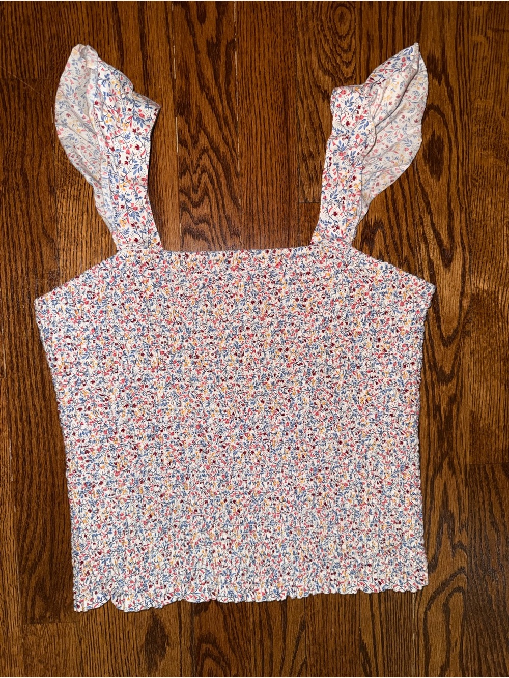 Old Navy Smocked Floral Tank Top in White with Blue, Red & Yellow
